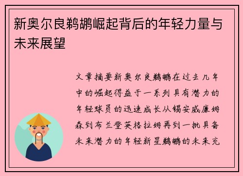 新奥尔良鹈鹕崛起背后的年轻力量与未来展望